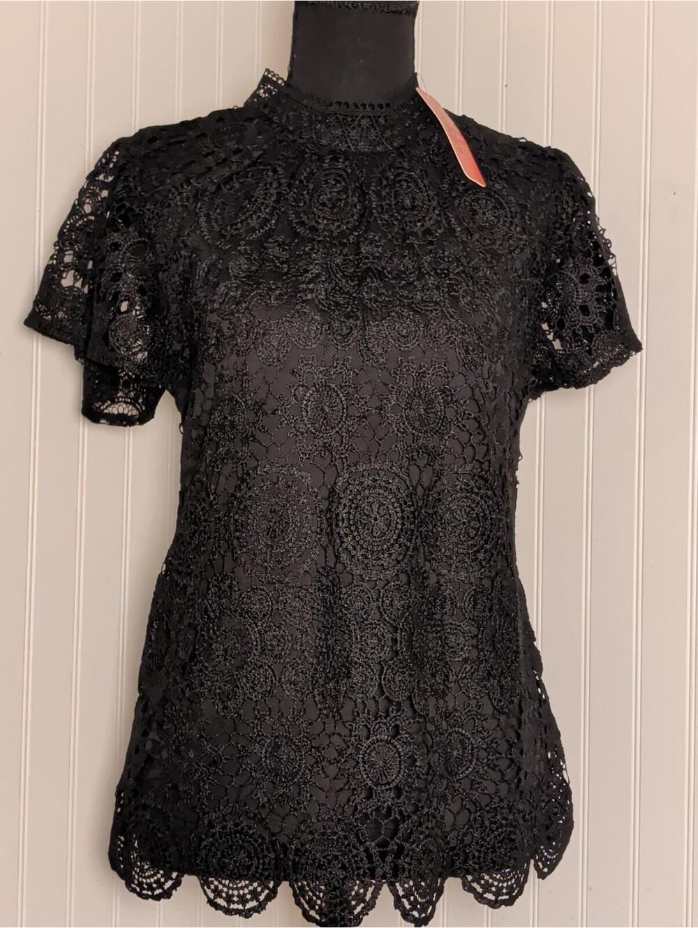 NWT Bellini Black Lace Short Sleeve Whimsy Goth Top Size S
